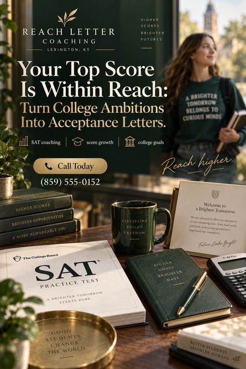 A dark green flyer for SAT coaching and college prep, featuring gold text, a student in the background, and study materials like an SAT practice test, notebook, and calculator in the foreground.