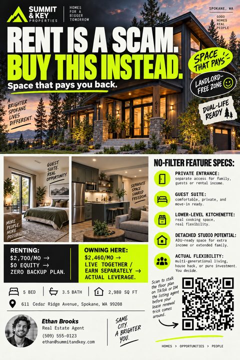 Real estate flyer featuring a large photo of a modern house at dusk, bold text reading 'Rent is a scam. Buy this instead.', interior photos, property features, a comparison of renting vs owning, agent contact info, and a QR code.