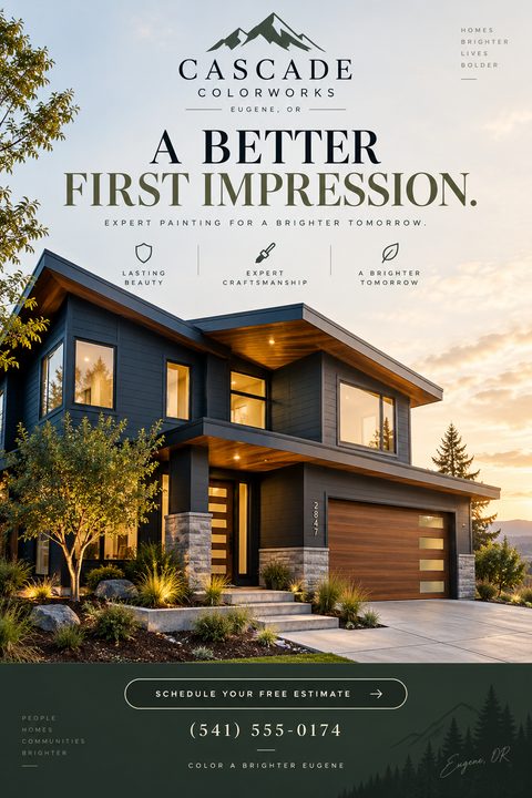 Flyer for exterior painting services featuring a modern, dark-painted house at sunset. Text reads 'A Better First Impression' and 'Schedule Your Free Estimate'.