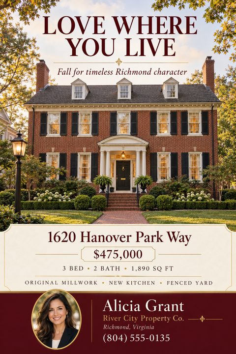 Elegant real estate listing flyer featuring a large photo of a classic brick colonial house. The design uses a sophisticated burgundy and cream color palette with classic serif typography and an agent photo.