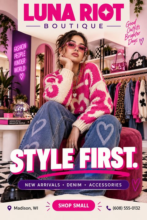 A vibrant flyer for a boutique featuring a woman in a pink and white sweater and heart-print jeans sitting in a clothing store. The text reads 'Luna Riot Boutique', 'Style First.', 'New Arrivals, Denim, Accessories', and 'Shop Small'.