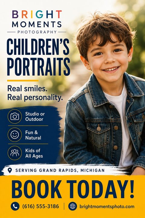 Flyer for Bright Moments Photography advertising children's portraits. Features a large photo of a smiling boy in a denim jacket, with text 'Real smiles. Real personality.' and icons for studio/outdoor, fun/natural, and kids of all ages. Bottom.