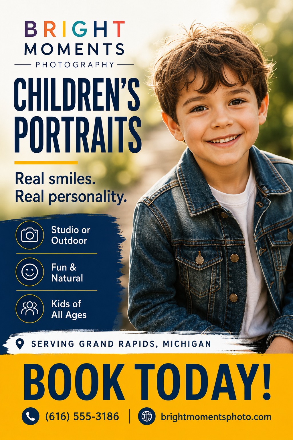 Flyer for Bright Moments Photography advertising children's portraits. Features a large photo of a smiling boy in a denim jacket, with text 'Real smiles. Real personality.' and icons for studio/outdoor, fun/natural, and kids of all ages. Bottom.
