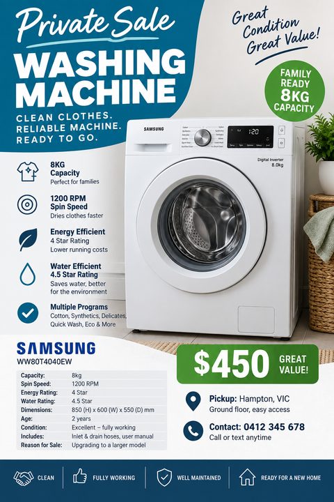 Flyer for a private sale of a washing machine. The design features a large photo of a white front-loading washing machine, a blue header, green price tag, and a detailed table of specifications.