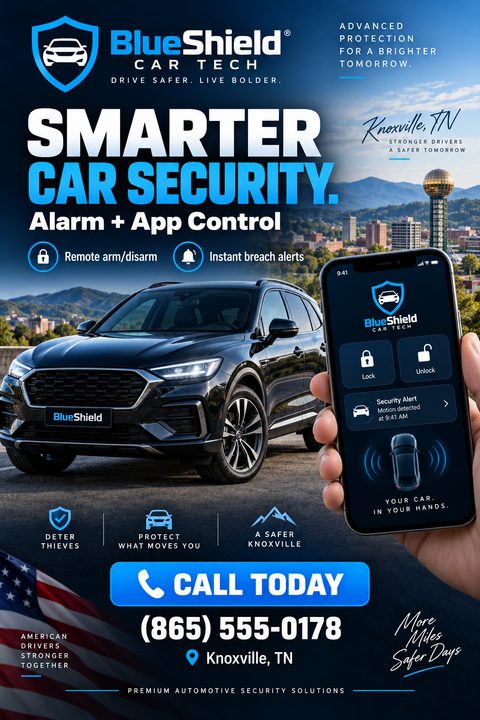 A promotional flyer for car security systems showing a black SUV and a hand holding a smartphone with a security app open. The design uses a dark blue background with bright blue accents.