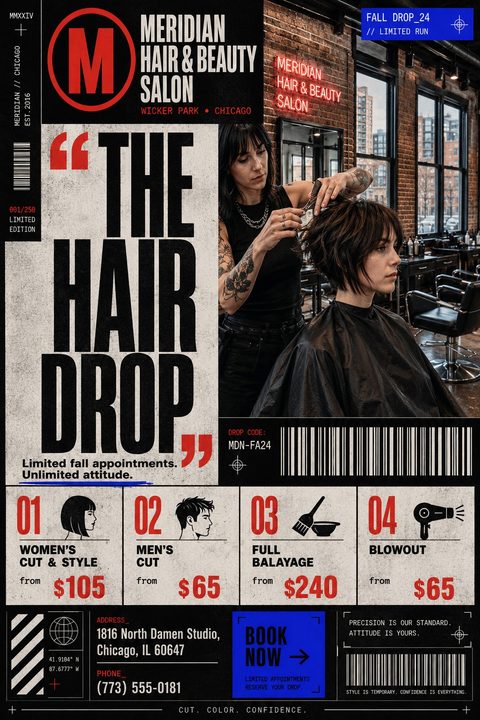 A flyer for a hair salon with an edgy, streetwear aesthetic. It features a photo of a stylist cutting hair, bold typography, barcode graphics, and a grid layout detailing prices for various services.