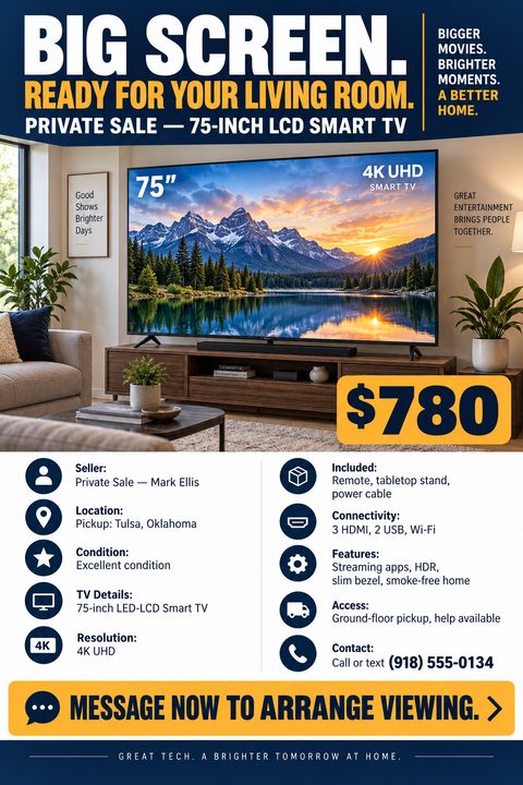 A private sale flyer for a TV featuring a large photo of a television in a living room, bold navy and yellow text, a prominent price tag, and a grid of specification icons.