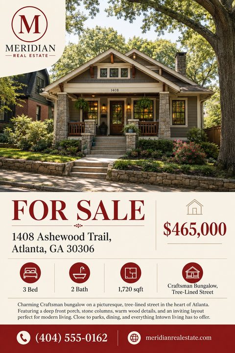 A classic real estate for sale flyer featuring a large photo of a craftsman house, elegant burgundy text on a cream background, property detail icons, and a dark red contact footer.