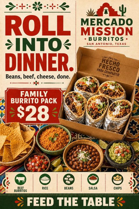 A rustic Mexican food flyer featuring a cardboard box of five burritos surrounded by chips, salsa, rice, and beans, with bold red and green typography.