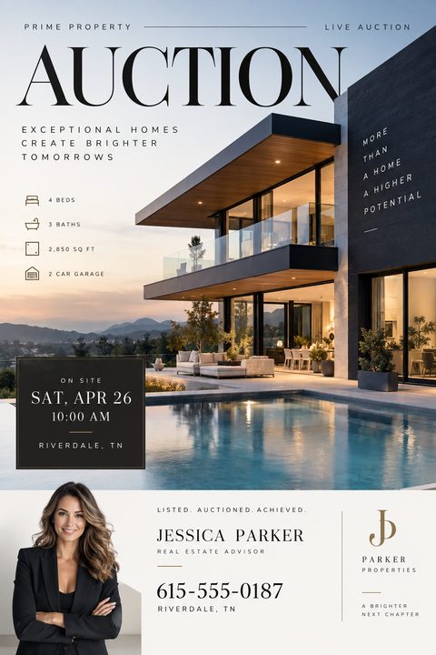 A real estate auction flyer featuring a large photo of a modern, luxury home with a pool at twilight. The word 'AUCTION' is prominent at the top. It includes property details, auction date and time, and agent contact information.