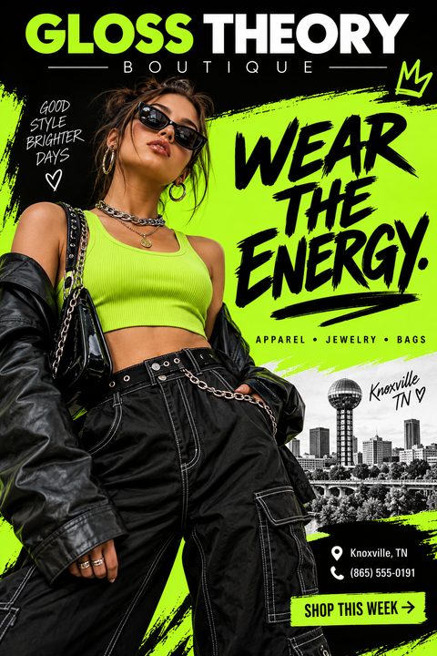 A fashion flyer with a neon green and black grunge design. A model in a neon green top and black leather jacket poses confidently. Text reads 'Gloss Theory Boutique', 'Wear the Energy', and 'Apparel, Jewelry, Bags'.