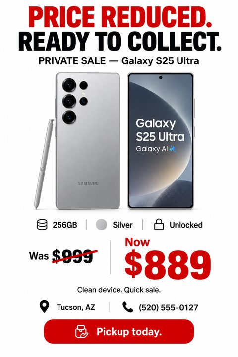A private sale flyer for a smartphone featuring bold red 'Price Reduced' text, front and back photos of a silver phone with stylus, spec icons, a crossed-out old price, and a large new price.
