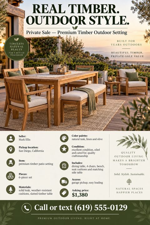 Flyer for a private sale of a premium timber outdoor setting. Features a large photo of a teak dining table and chairs on a patio at sunset. Below are details like seller, location, item, pieces, materials, color palette, condition, includes, access.