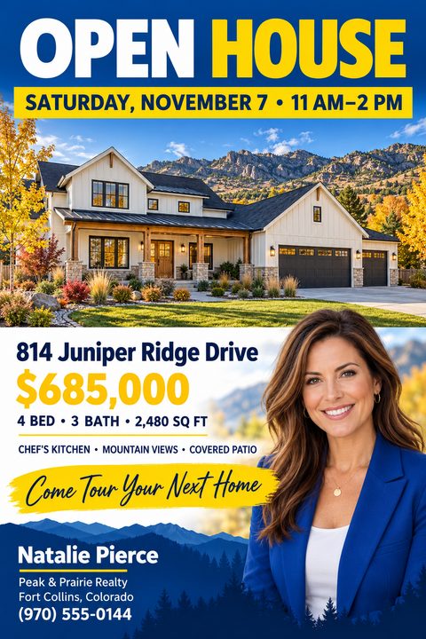 A real estate open house flyer featuring a large photo of a modern farmhouse, a female agent portrait, bold blue and yellow text, and a mountain silhouette graphic at the bottom.