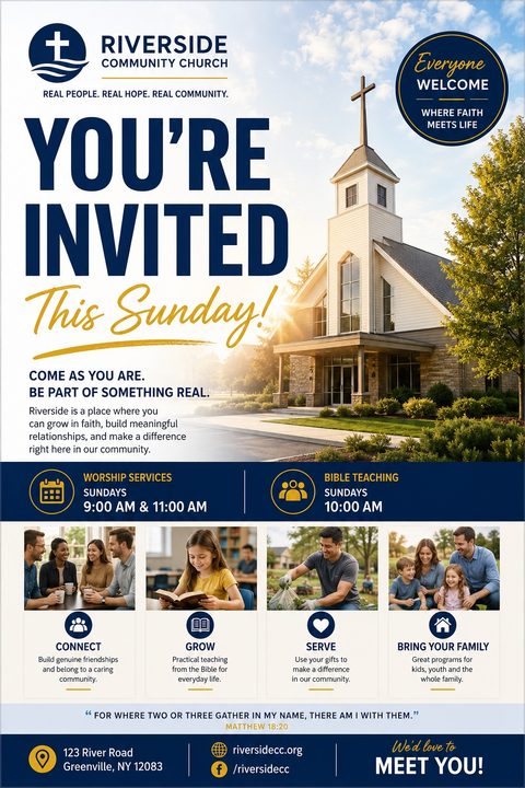 Church invitation flyer with a large photo of a church building, the text 'You're Invited This Sunday!', service times, and four smaller photos showing people connecting, a child reading, a man volunteering, and a family.