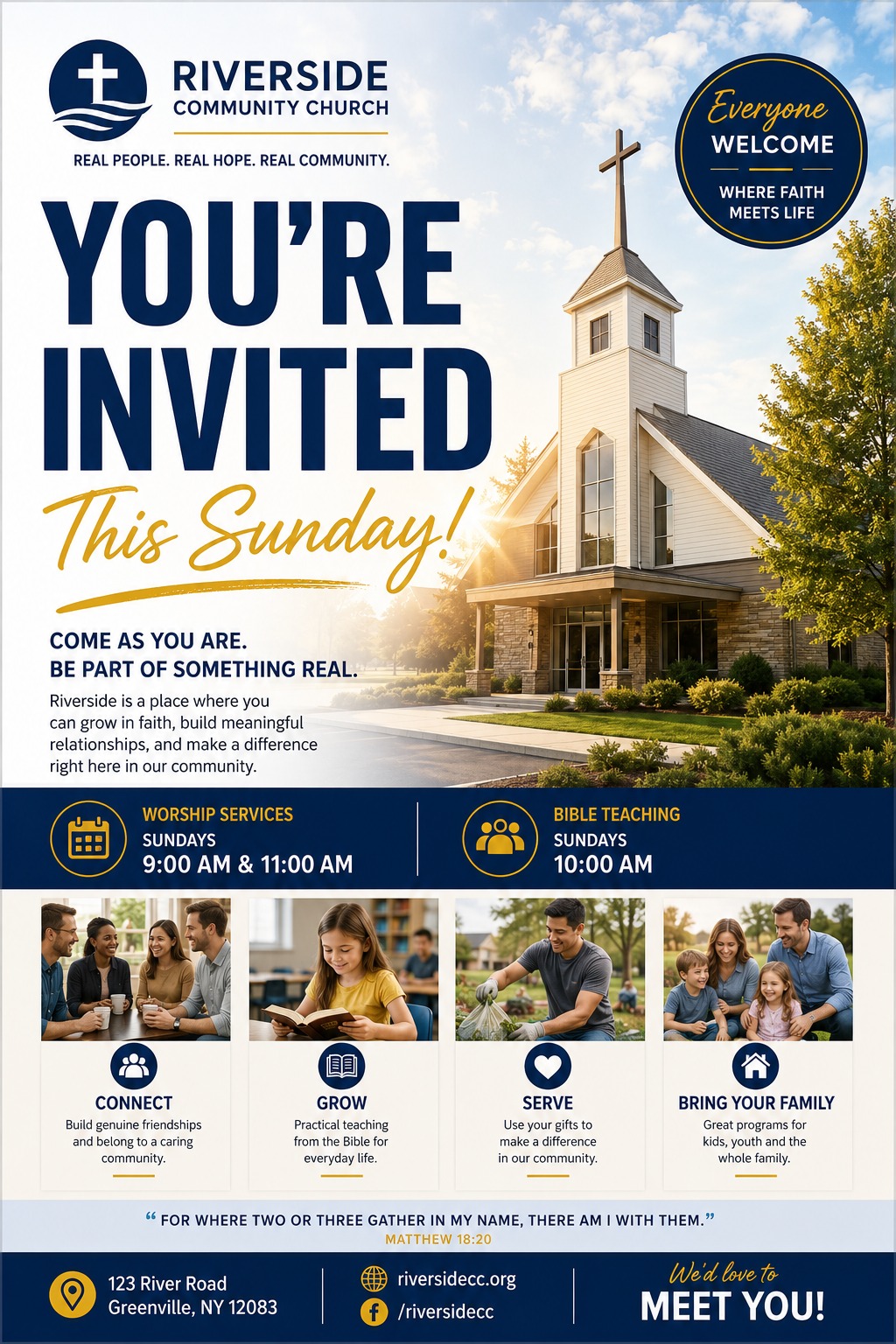 Church invitation flyer with a large photo of a church building, the text 'You're Invited This Sunday!', service times, and four smaller photos showing people connecting, a child reading, a man volunteering, and a family.