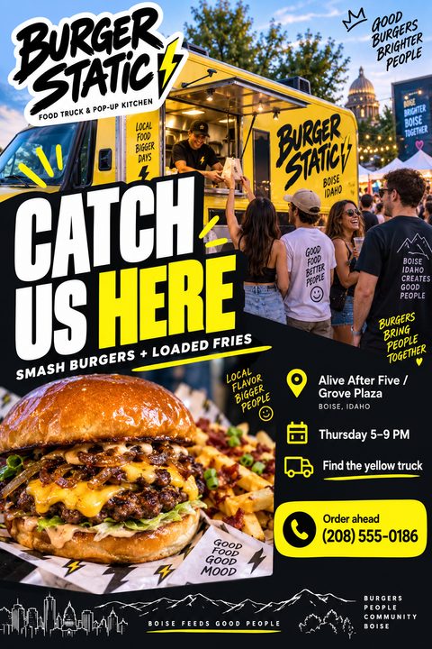A vibrant yellow and black food truck flyer featuring a photo of a yellow food truck serving a crowd, a close-up of a loaded smash burger, and bold text announcing the location.