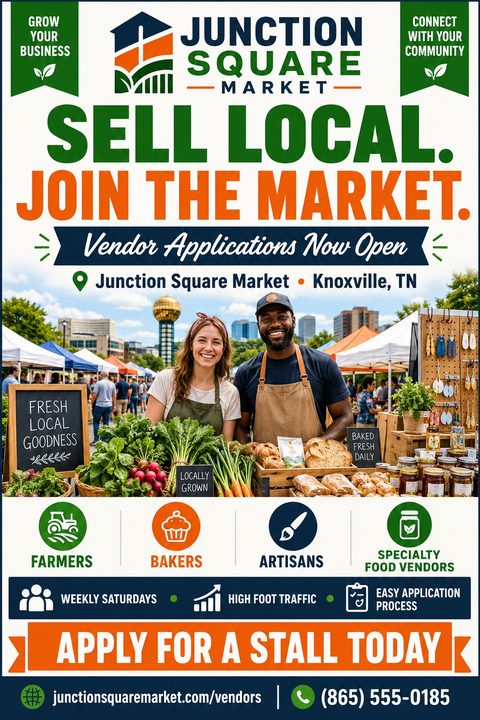 Flyer for Junction Square Market vendor applications. Features a photo of two smiling vendors behind a stall with fresh produce and baked goods. Text reads 'Sell Local. Join the Market. Vendor Applications Now Open.' Includes icons for farmers.