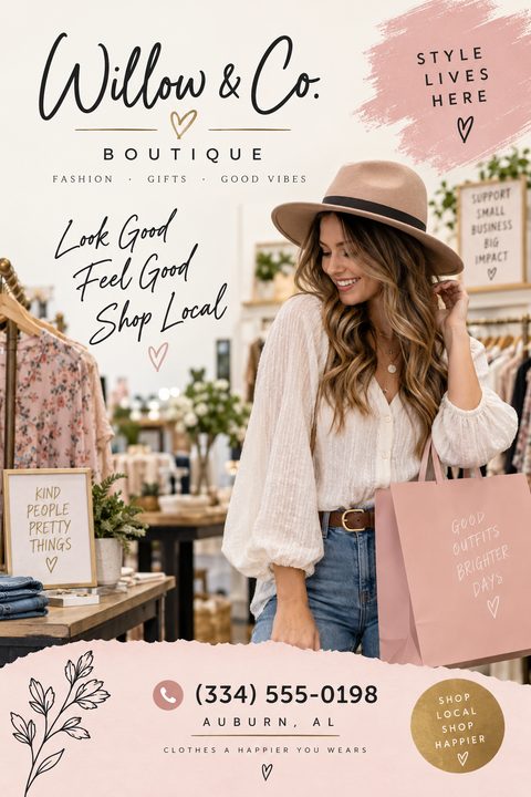Flyer for a fashion boutique with a photo of a smiling woman in a hat holding a pink shopping bag inside a clothing store. The design features elegant script text, pink brushstrokes, and gold accents.