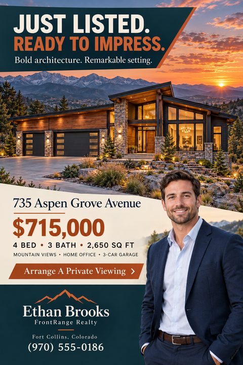 A real estate just-listed flyer featuring a modern mountain home at sunset. The design uses bold diagonal blocks of dark teal, burnt orange, and cream, with a cutout photo of a smiling male realtor.