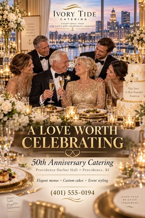A flyer for Ivory Tide Catering featuring a photo of a family celebrating a 50th anniversary at a formal dinner with a large cake. The text reads 'A Love Worth Celebrating, 50th Anniversary Catering' with contact information.