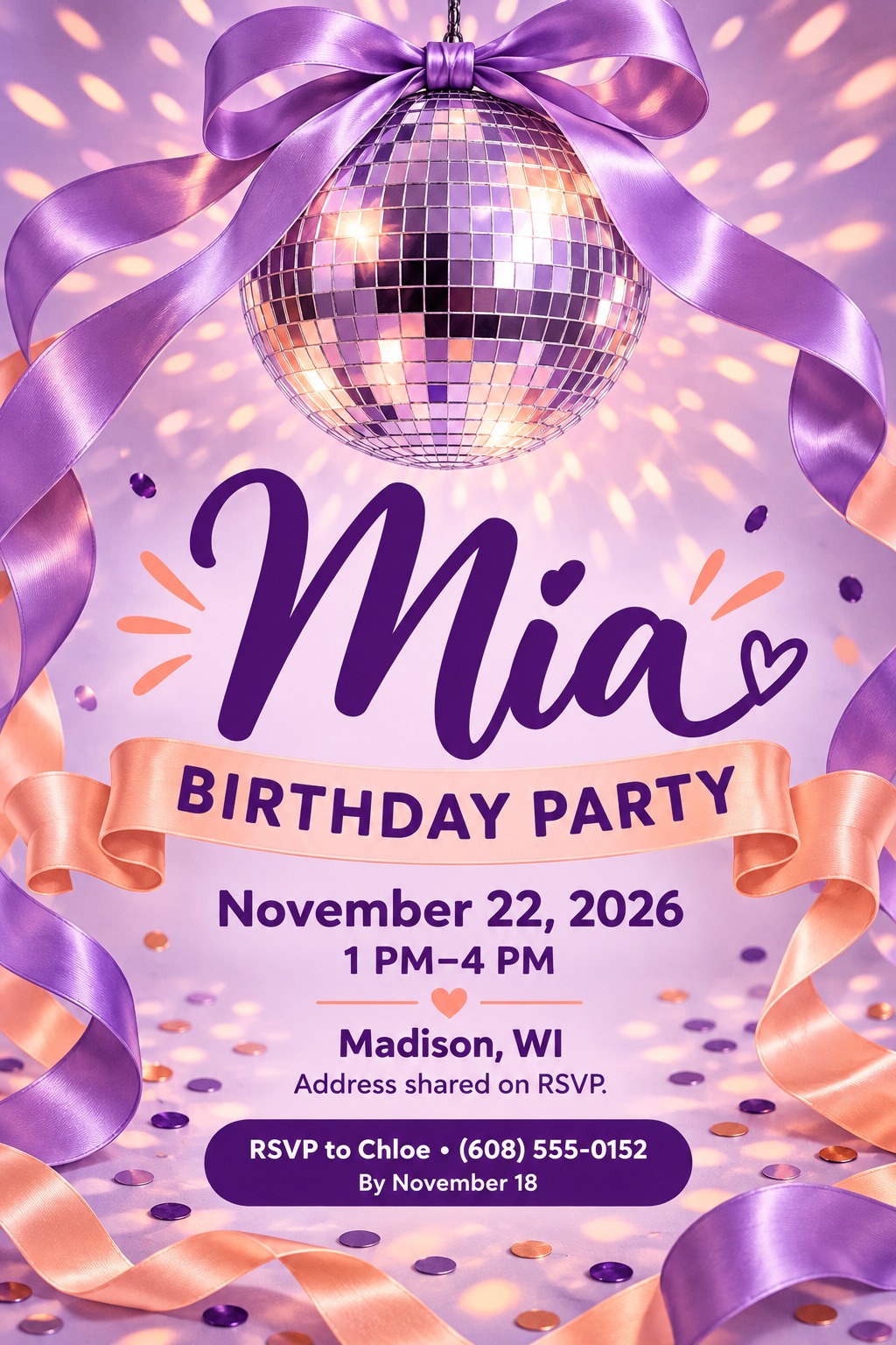 A purple and peach birthday party invitation flyer featuring a sparkling disco ball hanging from a large purple bow, with elegant ribbons framing the text. The text reads 'Mia Birthday Party' with date, time, location, and RSVP details.