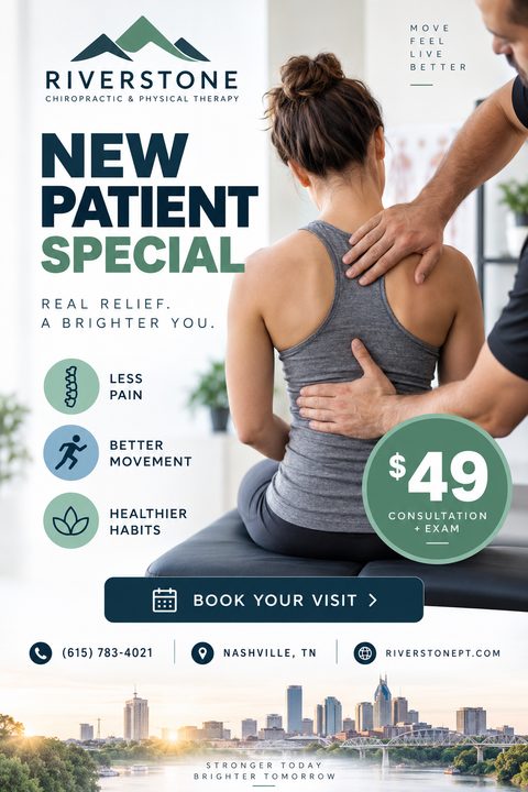 Flyer for Riverstone Chiropractic & Physical Therapy advertising a New Patient Special for $49. Shows a chiropractor adjusting a female patient's back, with a Nashville skyline at the bottom.