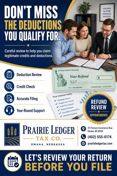 A tax preparation flyer with a navy blue and gold color scheme. It features a photo of a couple consulting with an accountant, a graphic of a US Treasury refund check, and a list of tax deductions.