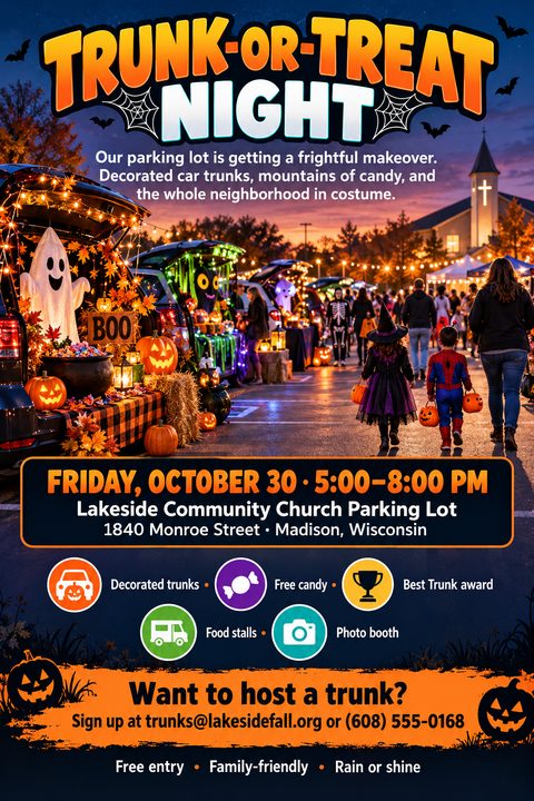 A vibrant Halloween flyer featuring a parking lot filled with decorated car trunks, pumpkins, and costumed children. Bold orange and white text announces a Trunk-or-Treat Night with event details and icons below.