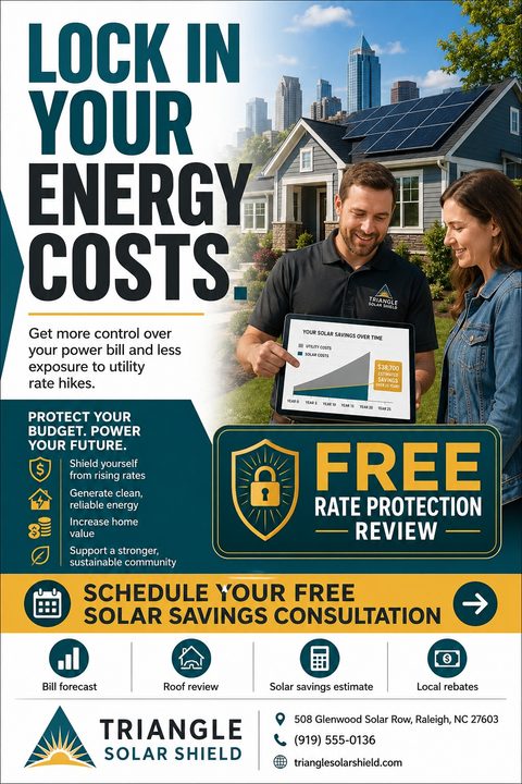 A flyer for a solar company featuring a representative showing a savings chart on a tablet to a customer, with a house with solar panels in the background. Text highlights locking in energy costs and a free rate protection review.