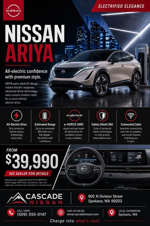 A car dealership flyer promoting an electric vehicle. It features a large photo of a car charging at night, a list of features with icons, a starting price, an interior dashboard photo, and dealership contact details at the bottom.