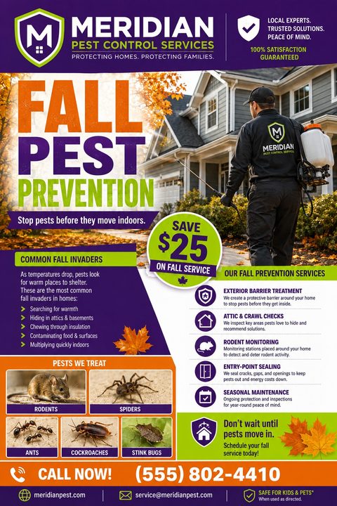 Pest control flyer template with a photo of a technician spraying the exterior of a house. Text reads 'Fall Pest Prevention' and includes a '$25 off' badge, lists of services, and photos of common pests like rodents, spiders, and ants.