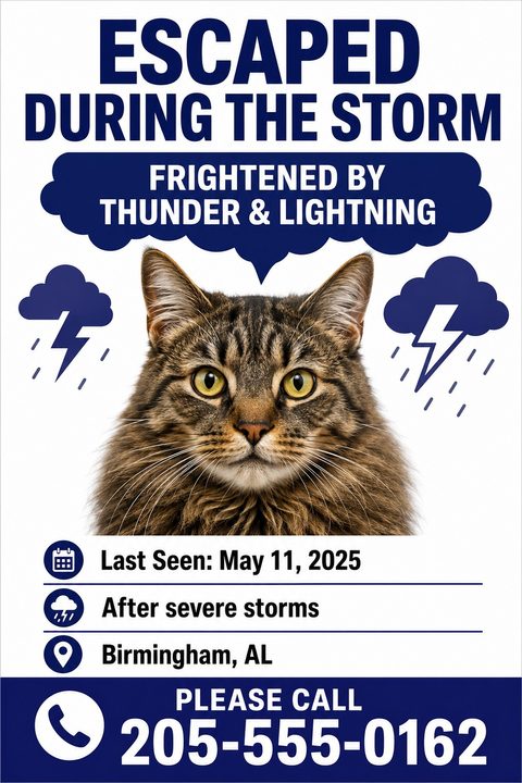 Lost pet flyer with a large photo of a tabby cat in the center. Bold navy blue text reads 'ESCAPED DURING THE STORM' and 'FRIGHTENED BY THUNDER & LIGHTNING'. Includes storm cloud graphics, last seen details, location, and a large phone number at the.