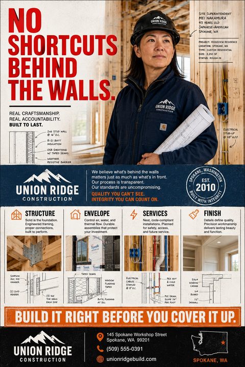 A construction company flyer featuring a female site superintendent holding blueprints in a framed house. The flyer details construction quality with sections on structure, envelope, services, and finish, including diagrams and photos of framing.