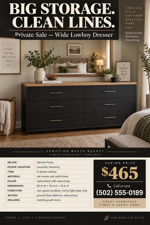 A flyer for a private furniture sale featuring a large photo of a black lowboy dresser in a bedroom. Below is a detailed specification table, asking price, and contact information.