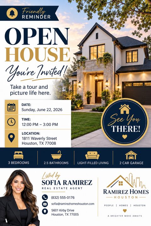 A real estate open house flyer with a large photo of a modern two-story house. Text reads 'Friendly Reminder, Open House, You're Invited!'. It includes date, time, and location details, property features like 3 bedrooms and 2.5 bathrooms, and the.