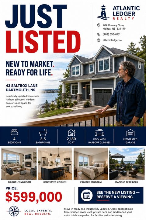 Real estate just listed flyer featuring a large photo of a blue two-story house, four smaller interior photos, property details with icons, and a bold navy and red headline.