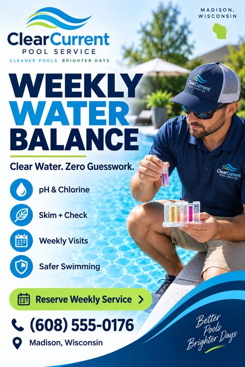 A pool service flyer featuring a man testing pool water. It has bold blue text 'Weekly Water Balance', a list of services with icons, and a green 'Reserve Weekly Service' button.