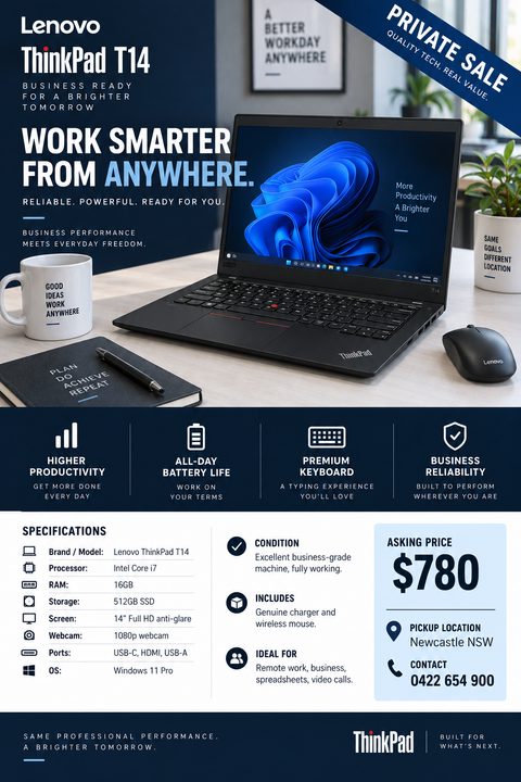 Flyer for a private sale of a Lenovo ThinkPad T14 laptop. The top half shows a photo of the laptop on a desk. The bottom half lists specifications, condition, asking price of $780, and contact details.