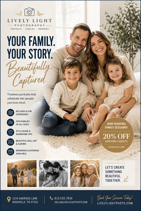 Flyer for Lively Light Photography. Text reads 'Your Family. Your Story. Beautifully Captured.' Features a large photo of a smiling family of four, three smaller portfolio photos, service highlights, and a 20% off badge.