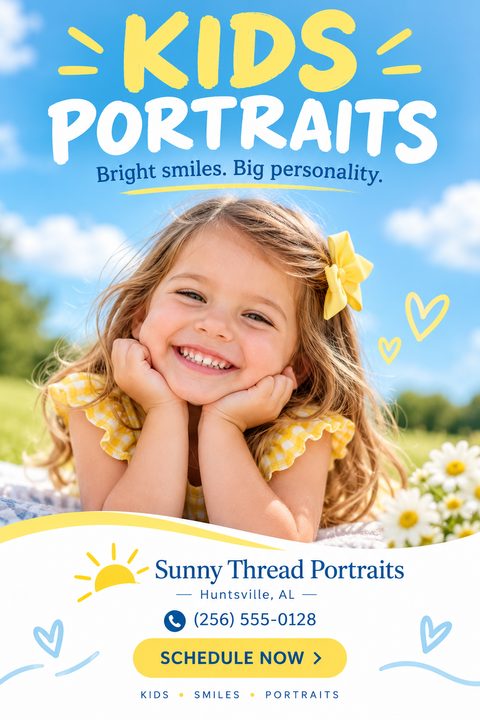 A cheerful kids portrait photography flyer featuring a smiling young girl outdoors under a blue sky. It includes playful hand-drawn yellow hearts, a sun graphic, and a wavy white bottom section for contact details.