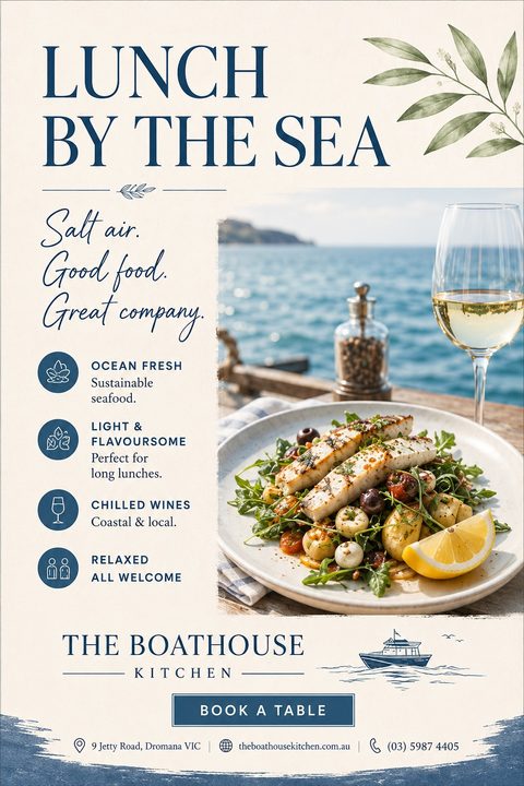 Flyer for a coastal restaurant featuring a photo of a grilled fish dish with potatoes and olives, a glass of white wine, and an ocean view in the background. Text reads Lunch By The Sea.