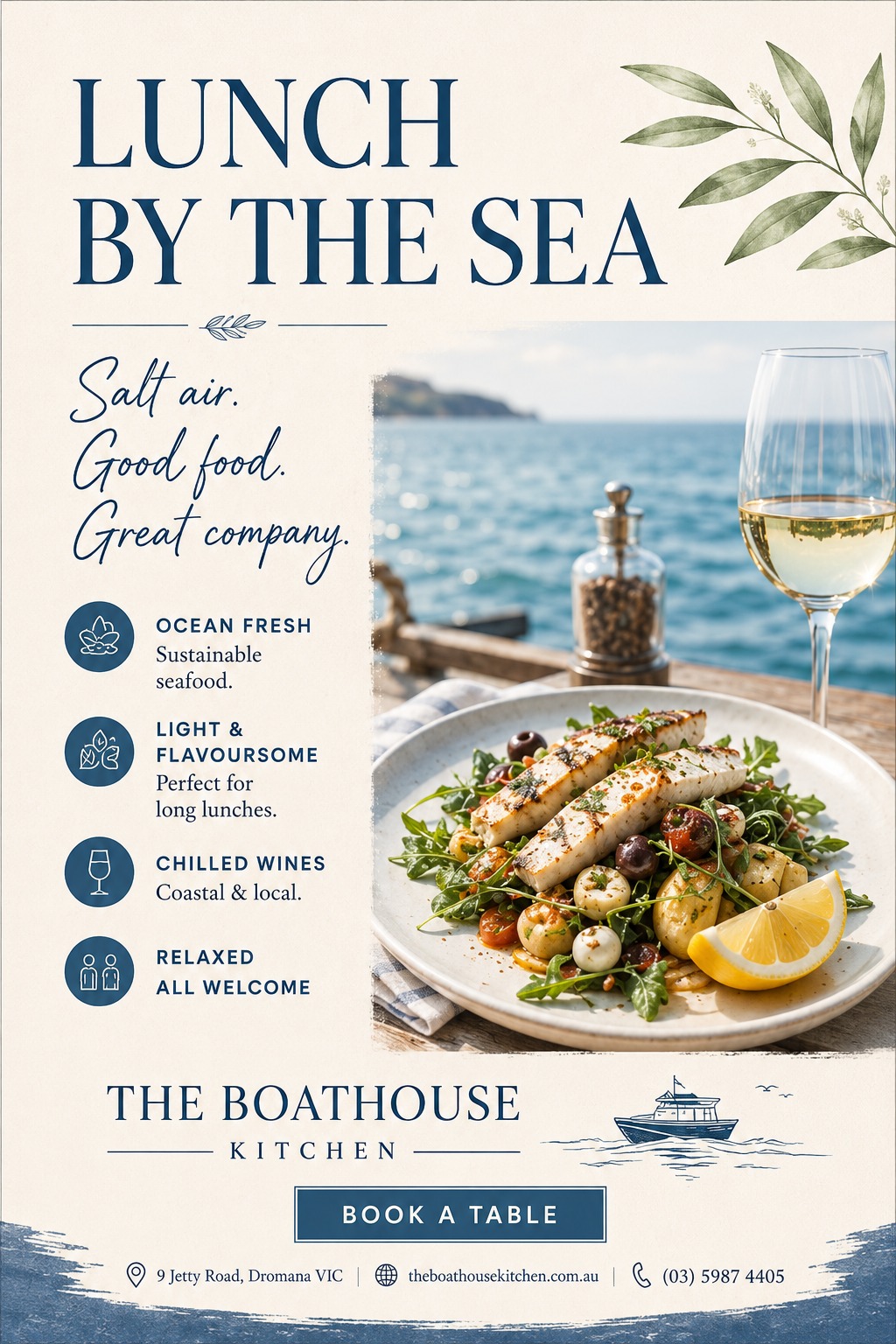 Flyer for a coastal restaurant featuring a photo of a grilled fish dish with potatoes and olives, a glass of white wine, and an ocean view in the background. Text reads Lunch By The Sea.