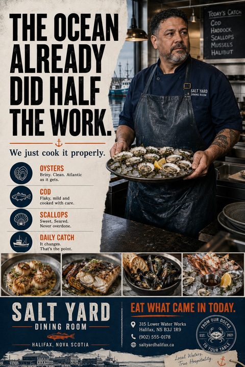 A rustic seafood restaurant flyer featuring a chef holding oysters, a bold headline on a torn paper background, a short menu with nautical icons, and four photos of plated seafood dishes.