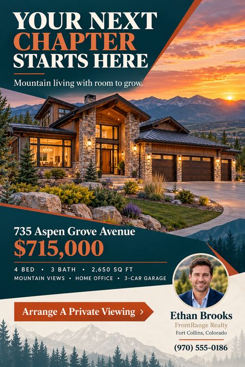 Real estate flyer template with a large photo of a luxury mountain home at sunset. Text reads 'Your Next Chapter Starts Here' and includes property details, price, and agent contact information.