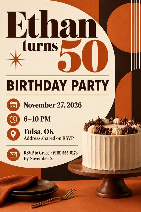 A birthday party invitation flyer with a retro design. It features large text saying 'Ethan turns 50 BIRTHDAY PARTY' on a cream-colored circle against a background of brown and orange geometric shapes. Below the text are details for the date, time.