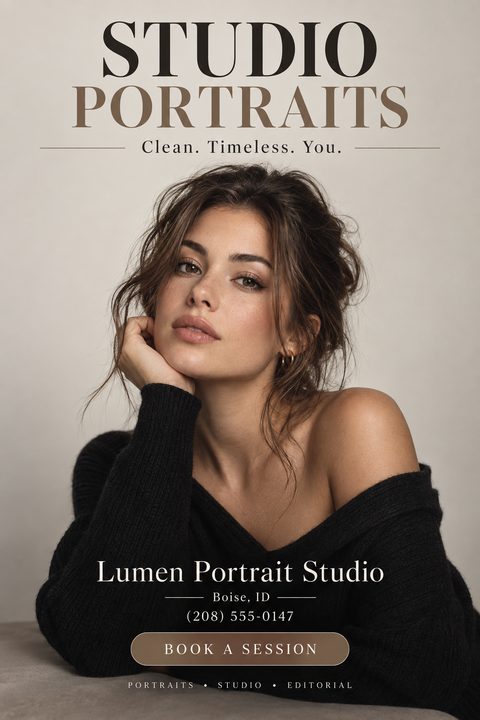 Elegant photography flyer featuring a large, high-quality portrait of a woman in a black sweater against a neutral background. It includes sophisticated serif typography and a prominent booking button at the bottom.