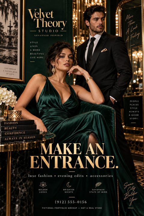 A luxurious fashion flyer featuring a woman in a dark green evening gown seated in a velvet chair, with a man in a black suit standing behind her. The background is a dark, elegant room with gold accents. Text reads 'Velvet Theory Studio', 'Make an.