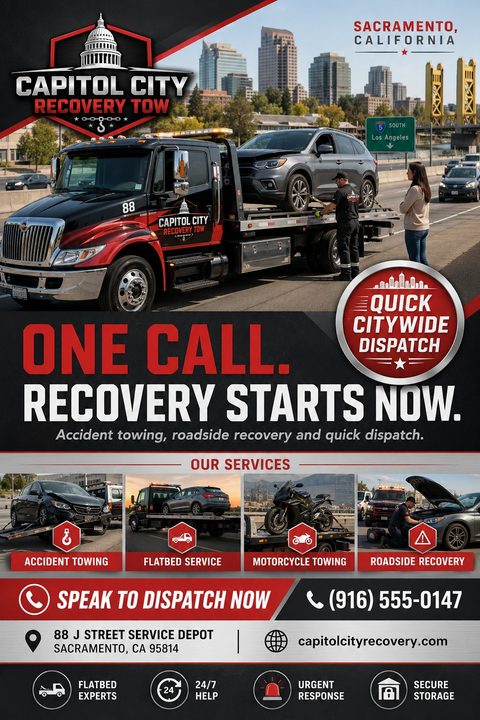 A bold red and black towing service flyer featuring a large photo of a flatbed tow truck loading an SUV, with smaller photos highlighting accident towing, motorcycle towing, and roadside recovery services.