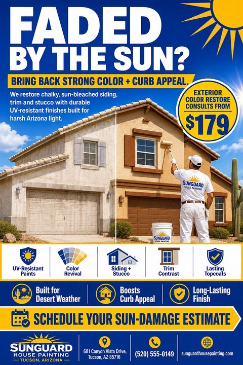 Flyer for exterior house painting services. Features a before-and-after photo of a house being painted, with text 'Faded by the sun? Bring back strong color + curb appeal.' Includes icons for services and contact information.